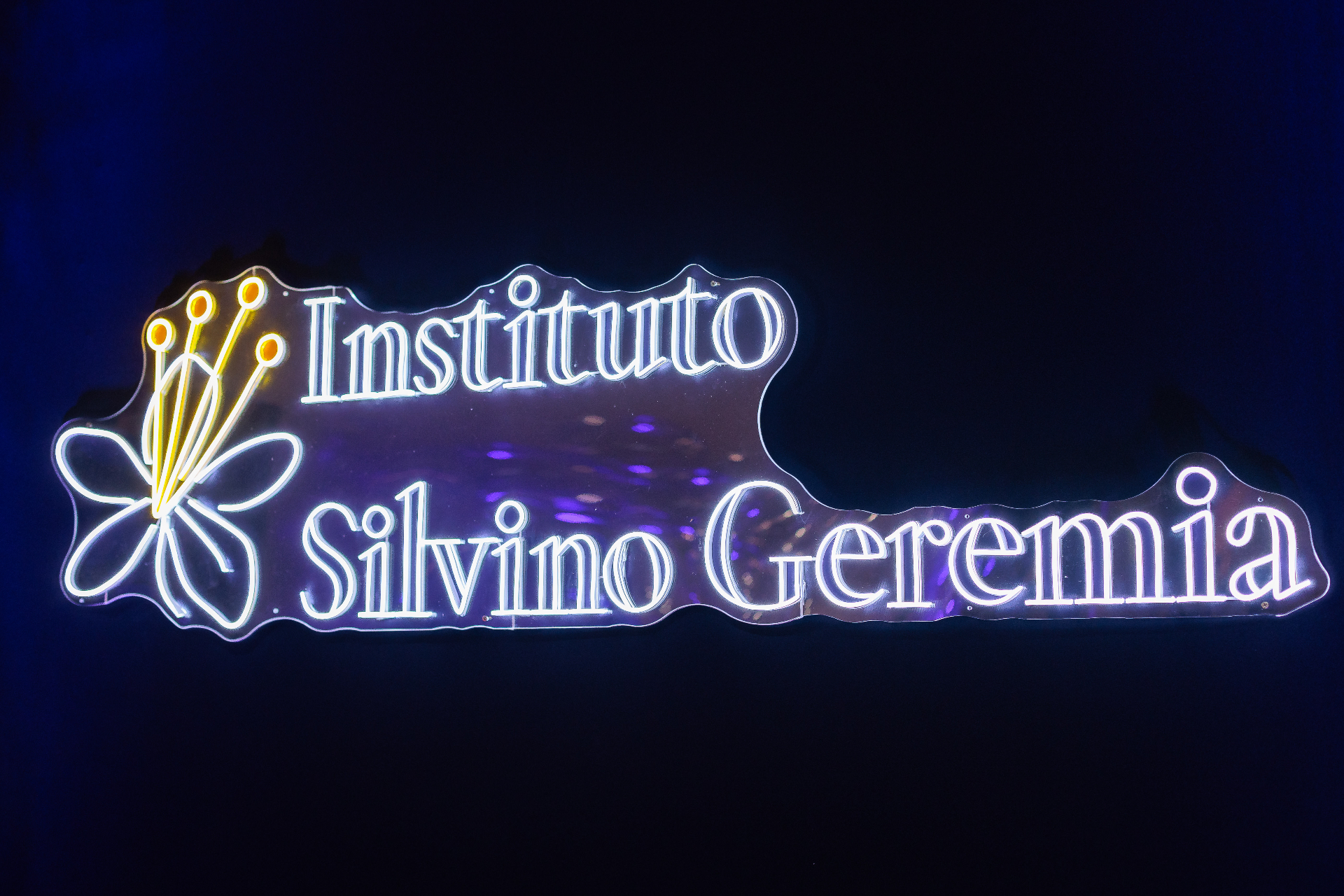 Letreiro neon do Instituto Silvino Geremia no evento de lançamento